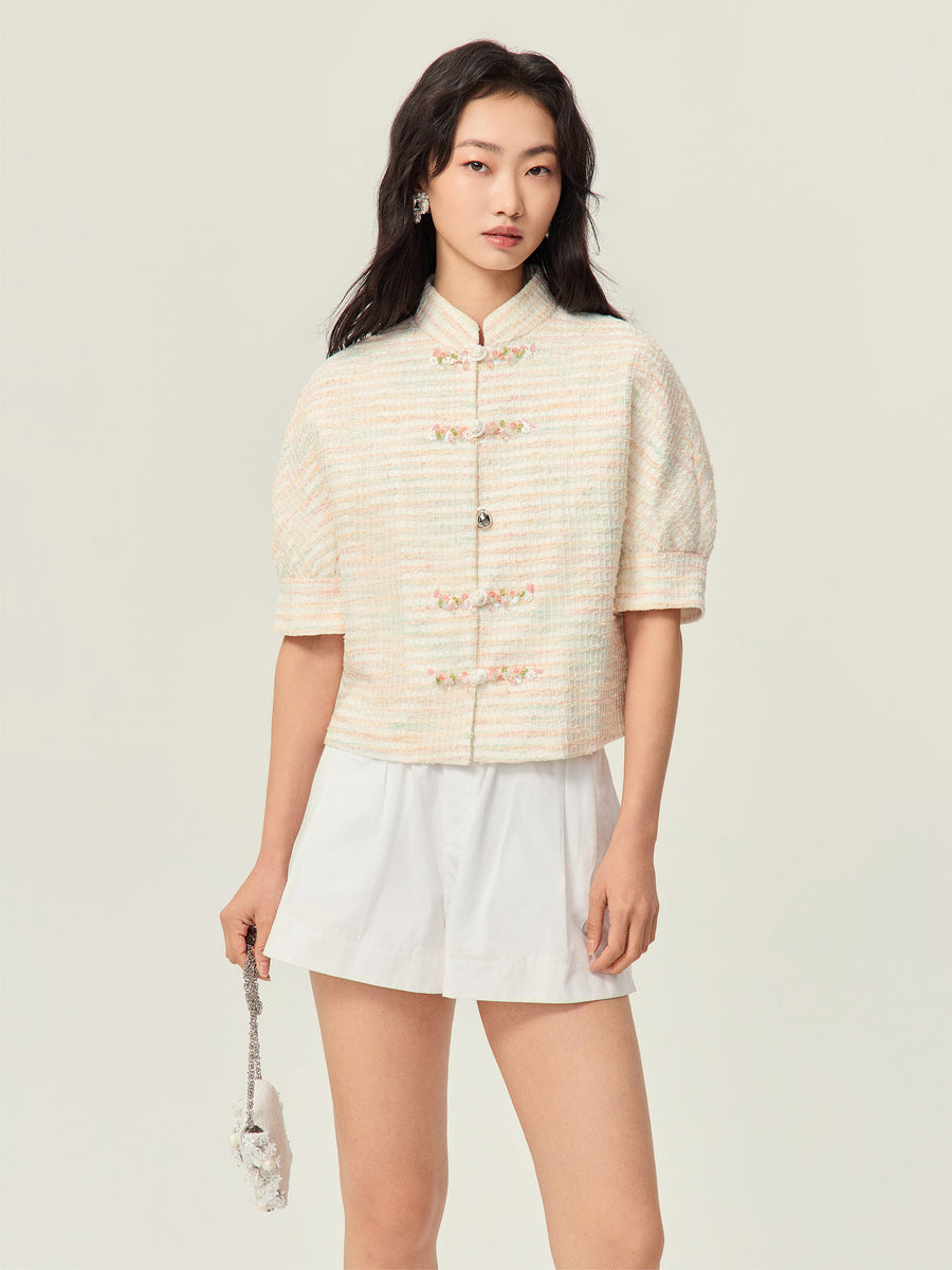 Tweed yarn Chinese short-sleeved Top