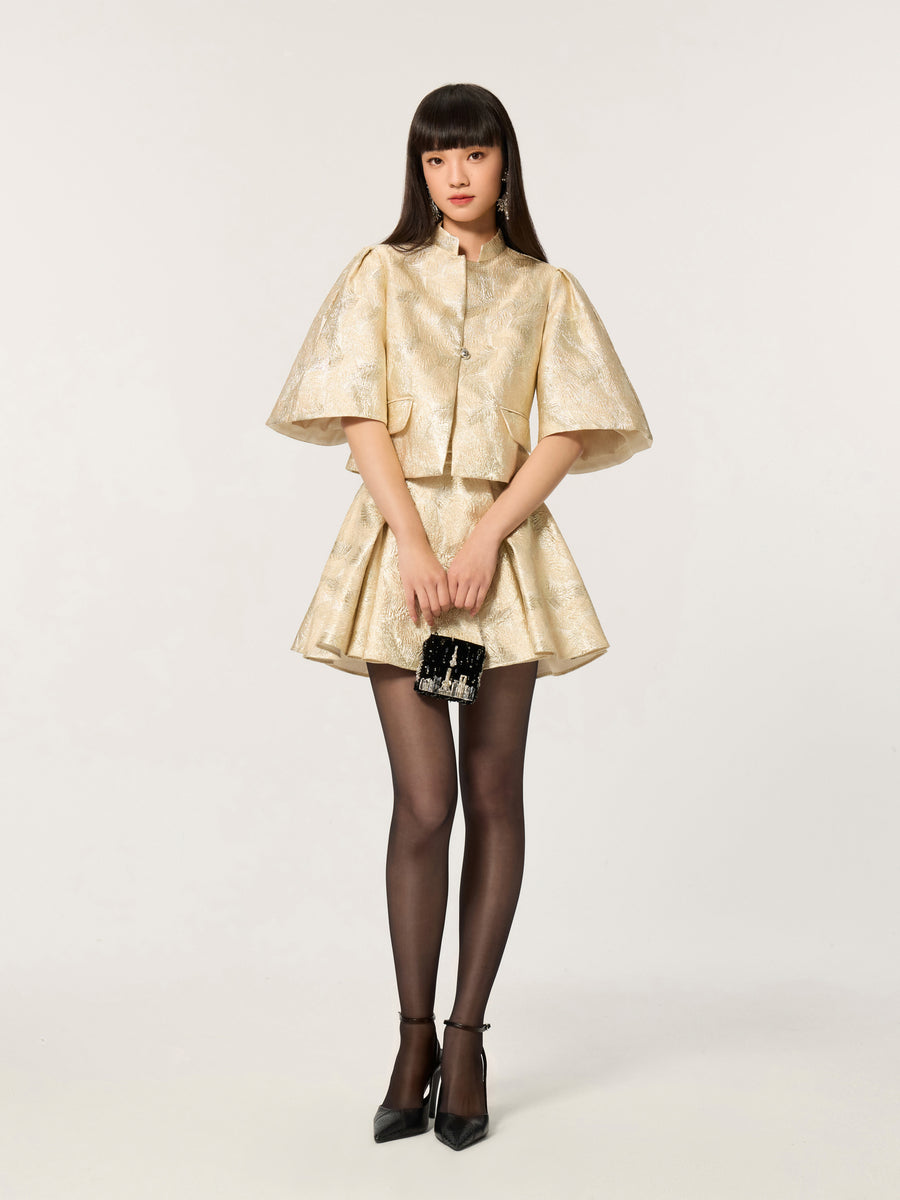 Golden Stand Collar Jacquard Short Coat