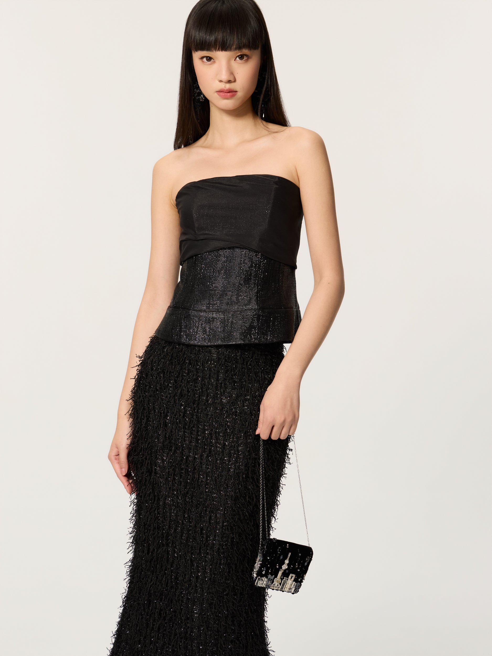 Molan patchwork waist cinched strapless top