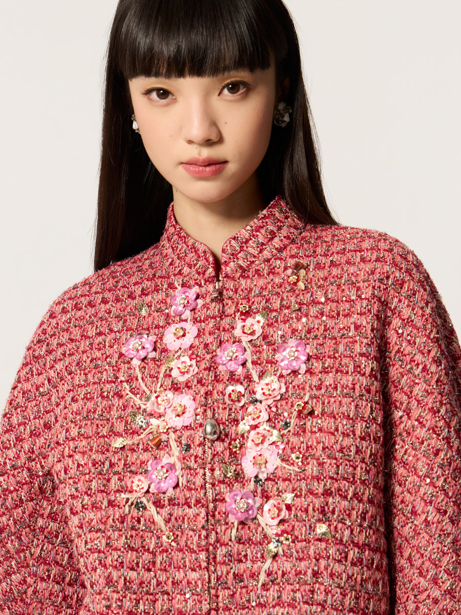 Beaded Chinese-Style Tweed Short Jacket