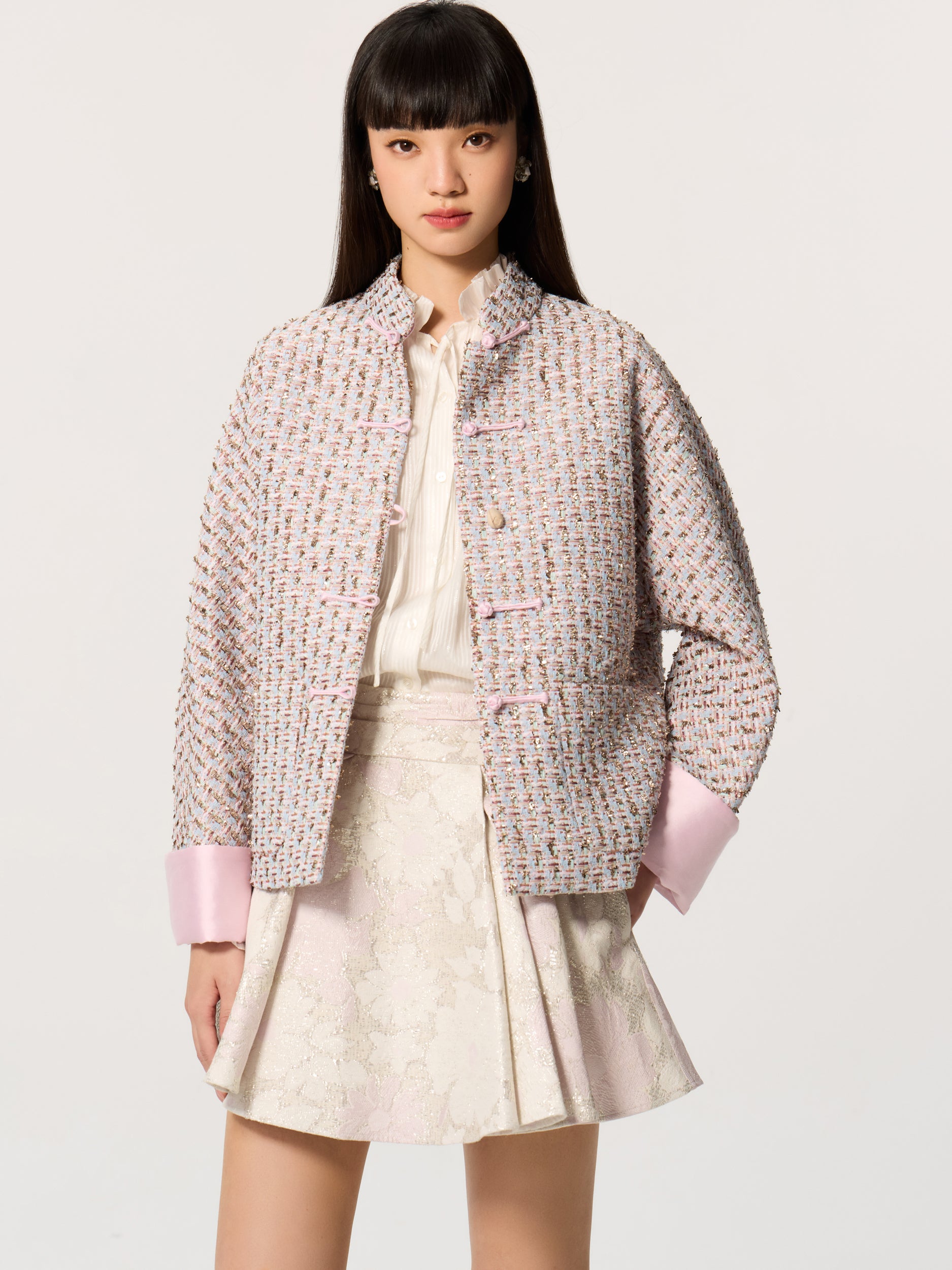 Color-Block Mandarin Collar Tang-Style Top
