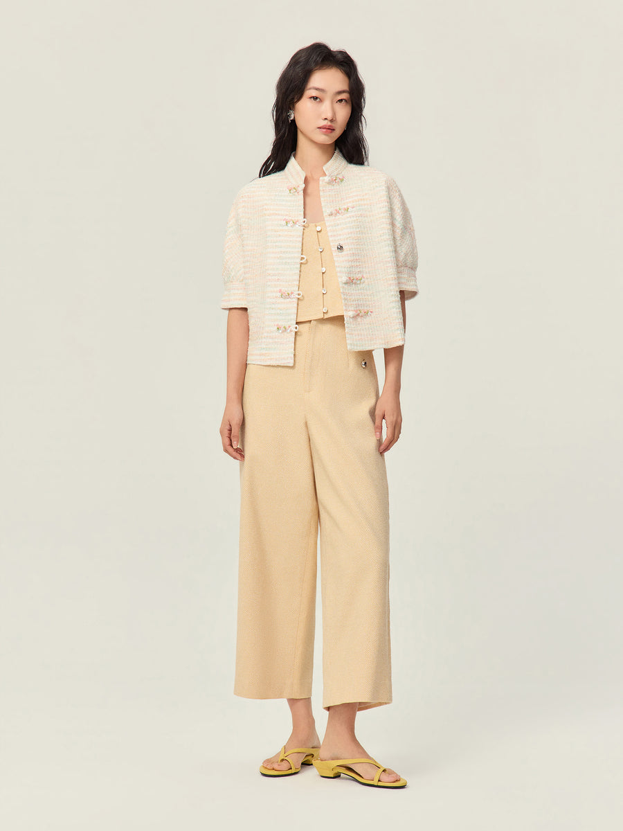 Tweed yarn Chinese short-sleeved Top