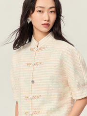 Tweed yarn Chinese short-sleeved Top