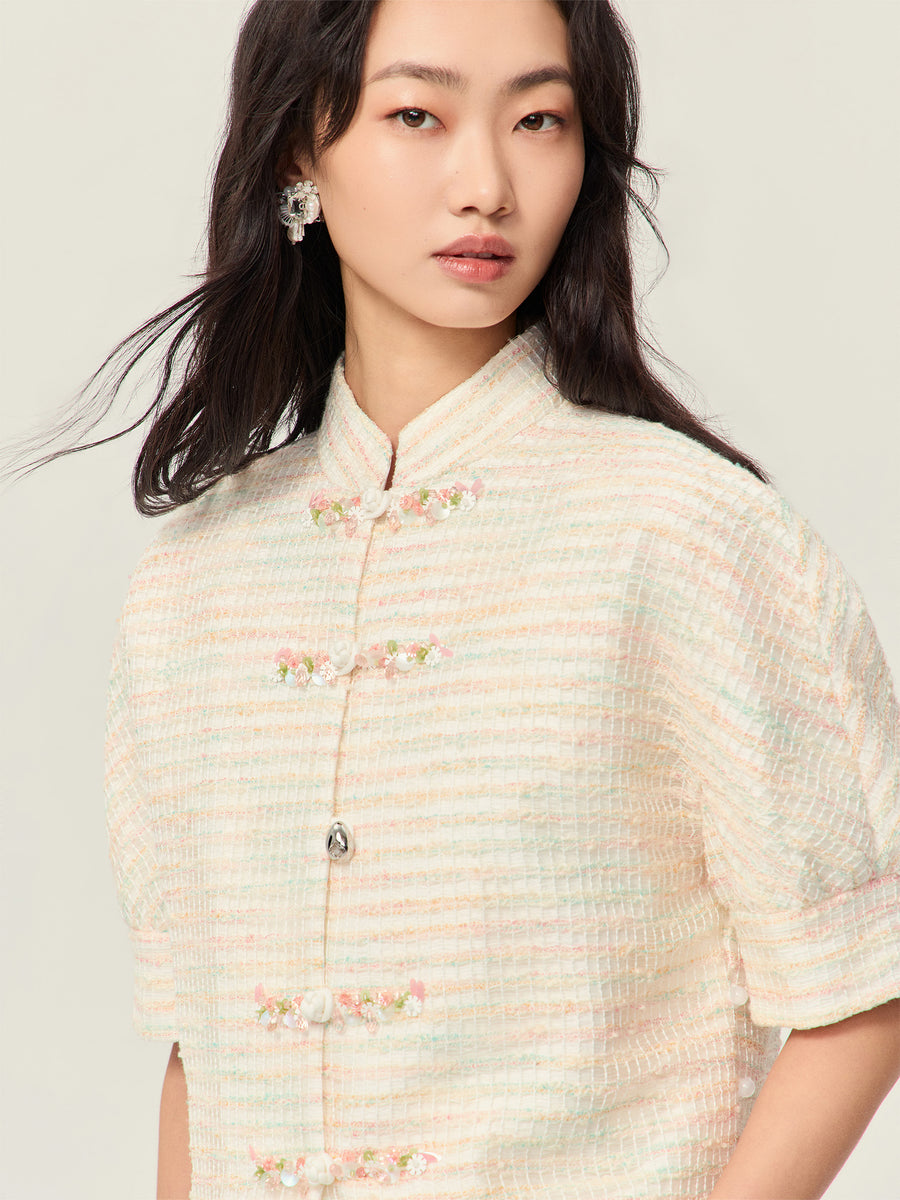 Tweed yarn Chinese short-sleeved Top